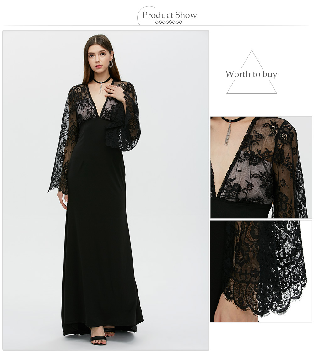 VESTLINDA Sexy Club Dress Women Evening Party Dresses Black Lace Flare Sleeve See-through Backless Long Vestidos Maxi Dress 12