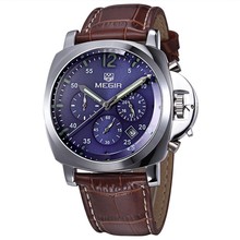 2015 MEGIR cuero genuino hombre de lujo relojes cronógrafo 6 manos 24 horas función Top Brand reloj militar del Relogio Masculino