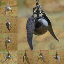 hot fashion retro antique black wing golden gold snitch ball quartz pocket watch necklace women arabic number hour lady girl