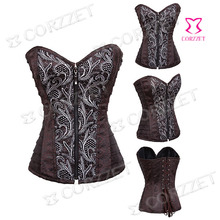 New Women Gothic Clothing Brown Brocade Zipper Closure Overbust Waist Training Steampunk Corset Steel Bone Corsets&Bustiers Top