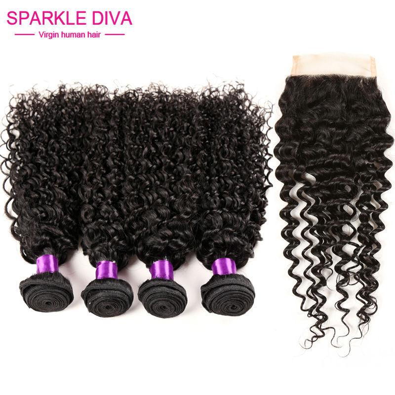 Kinky Curly Virgin Hair Peruvian Curly Human Hair 3Bundles With Closure free part Unprocessed Virgin Peruvian Hair With Closure
