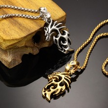 Punk Gold Silver Men s Titanium 316L Stainless Steel Hollow Dragon Pendant Necklaces Flat Chain 55cm