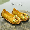Free shipping women s cow leather soft rubber bottom flower cansual flats real leather comfortable mother