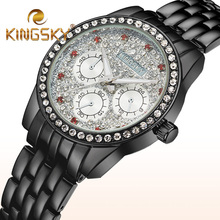 2015 Kingsky Diamond 3 Dials Gold Bracelet Watch Fashion Casual Lady Chain Wristwatch Red Rhinestone Clock