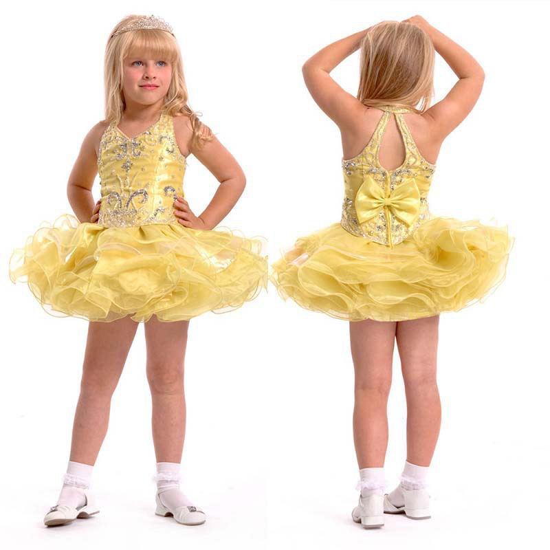 Halter Short Organza Yellow girls short pageant dresses for little girls cheap toddler cupcake pageant dresses