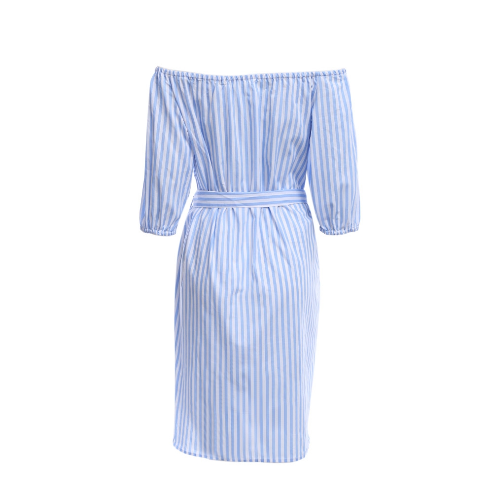 VESTLINDA Off Shoulder Blue Striped Shirt Dress Women Short Lantern Sleeve Midi Dresses Vestidos 2017 Casual Embroidery Dress 6