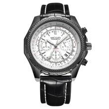 Megir hombres de lujo marca de relojes militar 24 horas calendario cronógrafo 6 de mano de cuero correa de reloj de cuarzo Relogio Masculino