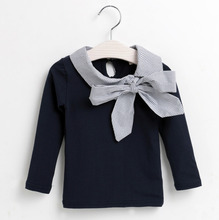 2016 Fashion New Summer Clothes Girls Dark Blue Sweatshirt With Bow Kids Clothing Bottoming Shirt Costume For Children As Gift