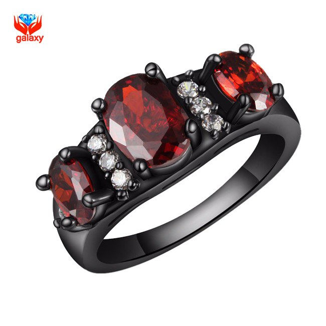 GALAXY New Trendy Unique Black Gold Filled 3 Pcs Red Zircon Ruby Rings For Women Fashion