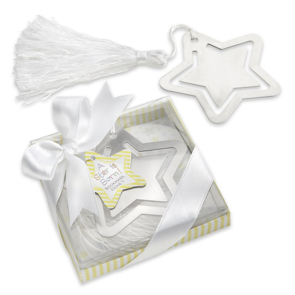 100Pcs/Lot New Metal Bookmark With White-Silk Tassel Star Baby Favor And Gift Silver With PVC Bags Bridal Shower Party Supplies
