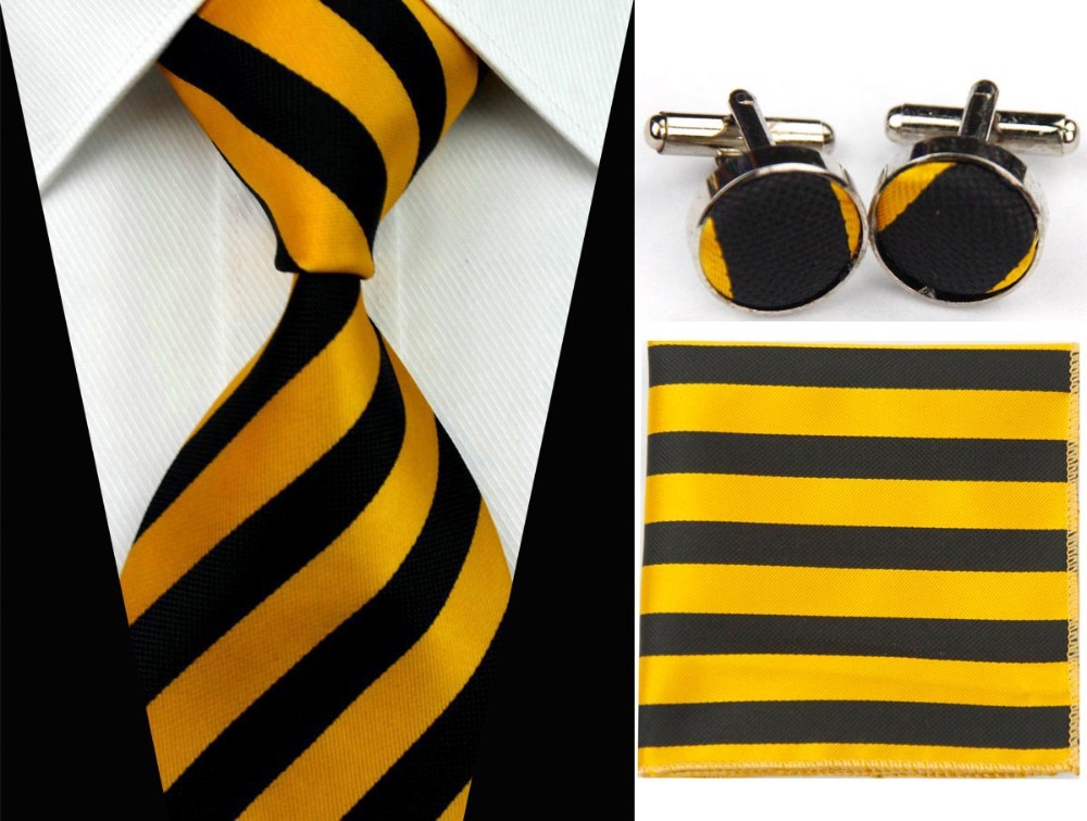 SNT0086 Hot Sale 2014 Fashion Man Yellow Ties Necktie Set Cufflink Hanky Checked Striped Casual Neckties