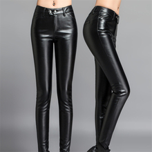 S-2XL Winter Women Pants PU Leather Pants Warm Plus Thick Velvet Big Yards Slim Zipper Stretch Pants Feet Pants Ladies Trousers