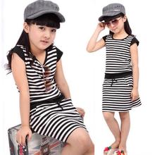 New Girls' Cotton Striped Printed Dresses Girl Children Baby Fashion Kids Clothes Quality Casual Short-sleeve Dress Clothing(China (Mainland))