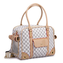 Classics plaid Pet cat small dog Travel luxury pu leather Carrier bag outdoor foldable portable dog Chihuahua carrying tote bag