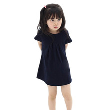 Children Kids Girls Short Sleeve One Piece Dress Casual Solid Color Dress 2-7Y