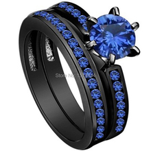 SZ 5-11 Black Wedding Ring 2-in-1 Engagement Solitaire Valentine Blue Sapphire