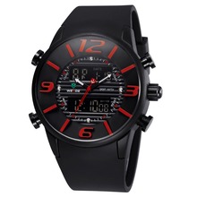 Caliente! 2015 WEIDE WH-3402 hombres de lujo de la PU correa de caucho LCD luz trasera ejército militar Diver Sport reloj – negro + rojo