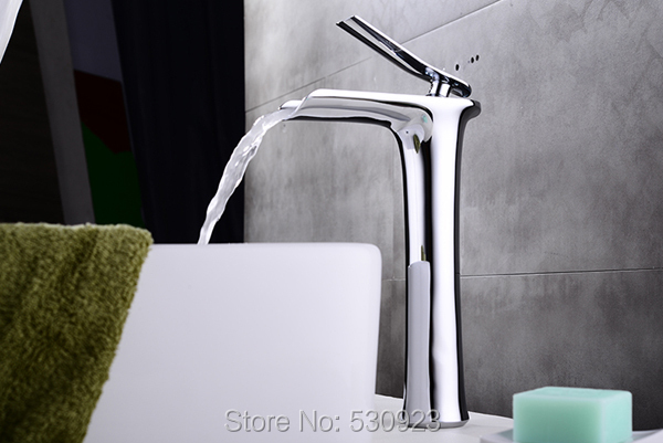 Newly Deck Mount Bathroom Sink Tall Faucet Mixer Tap Chrome Finished Solid Brass Waterfall Basin Faucet Single Handle One Hole