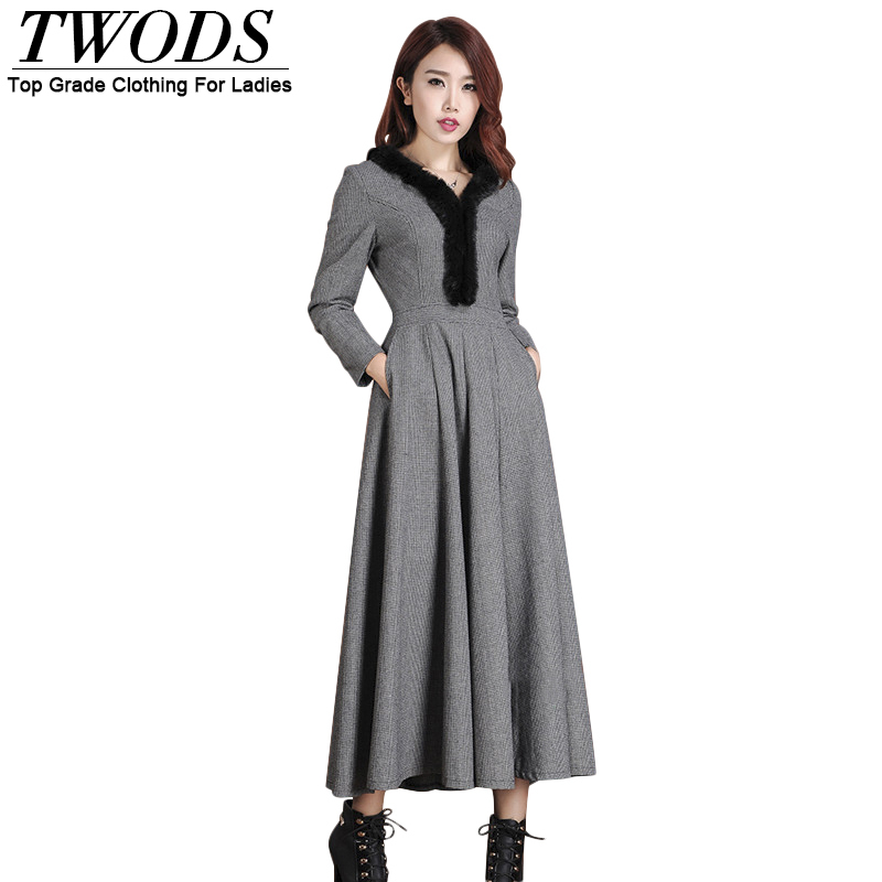 Twods 2014 new autumn and winter long wool dress fur collar grey wool maxi dress swing warm winter dress plus size dress