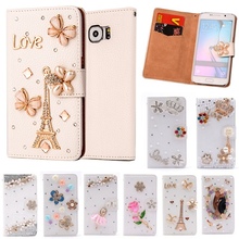 Wallet Flip PU Leather Diamond Eiffel Bowknot Flower Smart Stand Cover For SAMSUNG GALAXY S6 Edge G9250 G925F Phone Case
