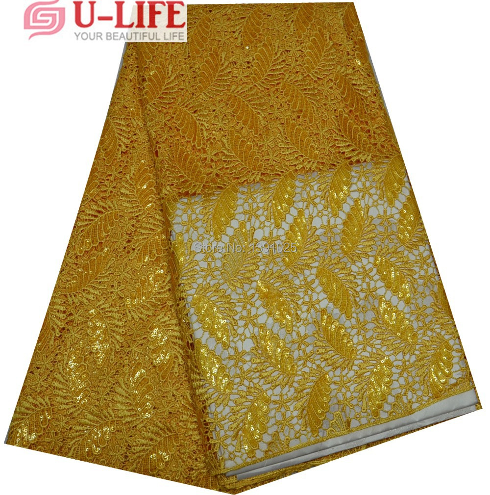 Newest African Water Soluble Chemical Cord Lace Fabric,High Quality Yellow sequins Guipure Lace Fabric For Party Dress