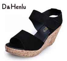 {D&H}PLUS SIZE Women Sandals 2016 Bohemia Wedges Shoes For Women Peep Toe High Heel Sandals Sweet Summer Shoes Woman Sandals