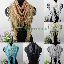 New Fashion Gorgeous Burnt out Shiny Metallic Vine Pattern Ruffle Lace Stitching Triangle Scarf Shawl Wrap