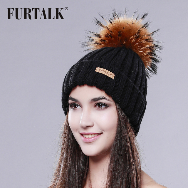 Furtalk Real Fur Hat Knitted Real Big Raccoon Pom Pom Hat Women Winter Hat Unisex Kids Ages 4-12 Warm Chunky Thick Stretchy Knit