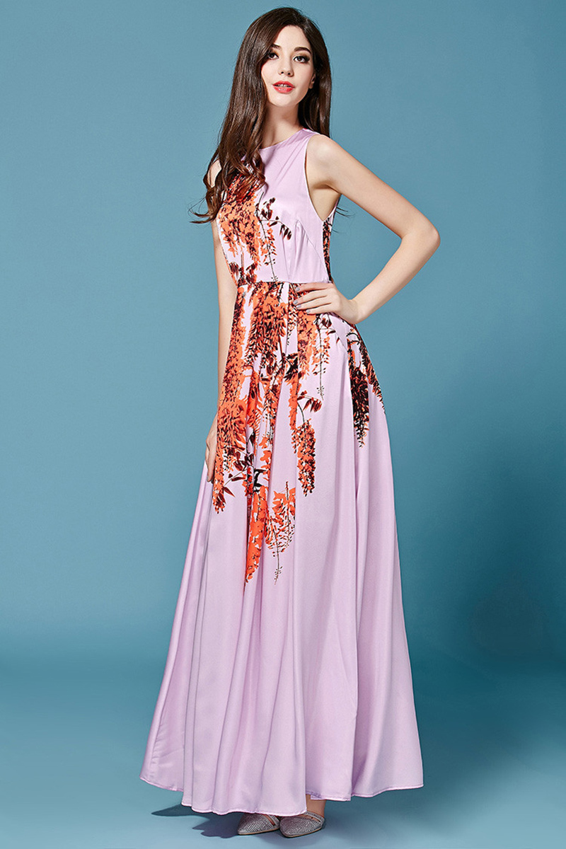 Elegant Dress 2015 Summer Women's High Quality Brand Fashion Runway Tree Branches Print Floor-Length Pink Sleevekss Long  Dress