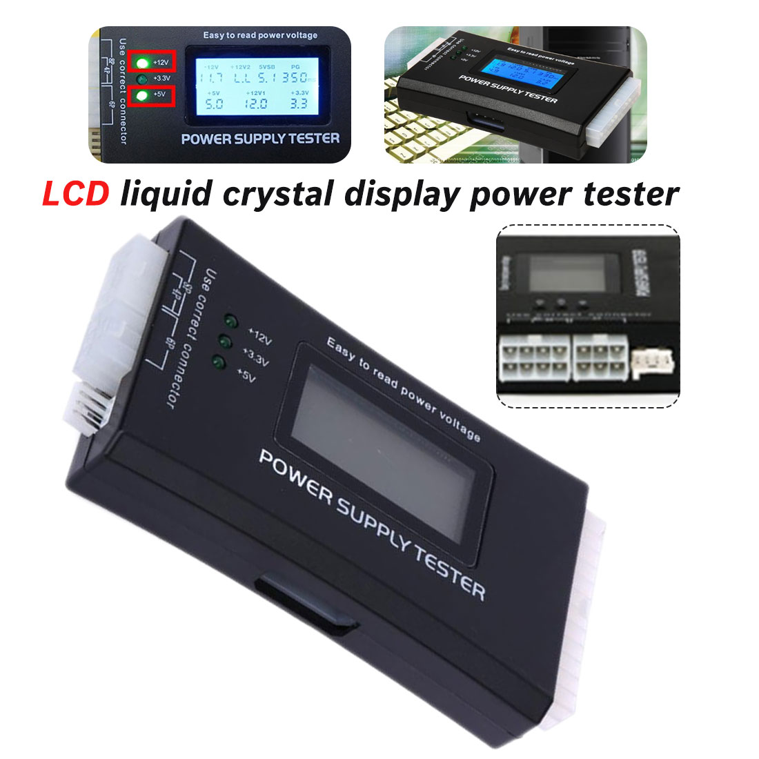 20/24 pin digital lcd display pc computer power supply tester