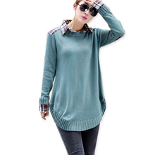 2016 New Women Knitted Sweater Autumn Winter Fashion Turn Down Collar False Two Pieces Plaid Patchwork Pullover Jumper Tops