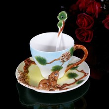 Three piece Set Bone China 3D Color Emamel Porcelain animal Squirrel Pinecone ceramic mug saucer spoon