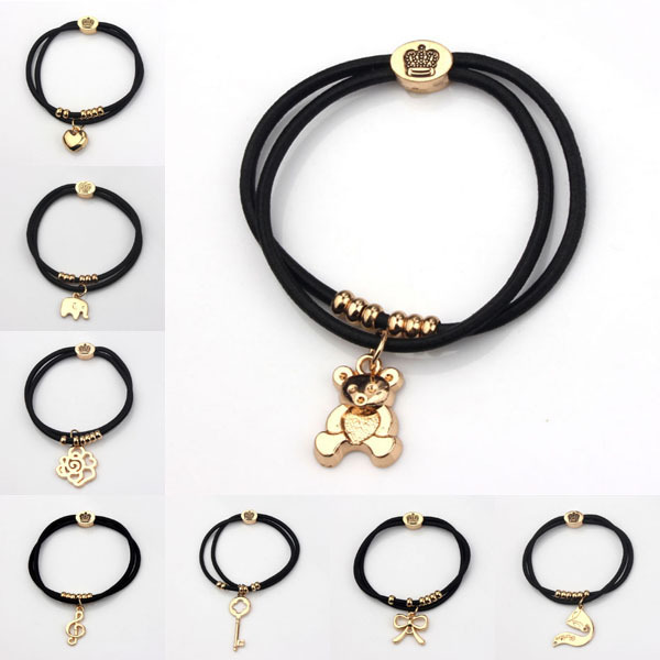 Bear Charms Bracelets Women Strong Elastic Black Rope Heart Elephant Rose Key 18K Gold Plated Crown