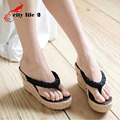 2015 New Wedges Sandals Woman Vintage Bohemia Flip Flops Straw Summer Shoes Platform Sandals Size 35