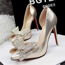 Sexy Women Pumps Fashion Pointed Toe High Heel Women Pumps Suede Women Shoes Shiny Rhinestones Bow Wedding Shoes 6 colors