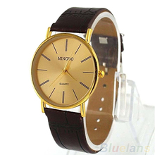 Oro Color de lujo Gentle Men del hombre de cuero banda de cuarzo relojes relojes moda 0DRJ