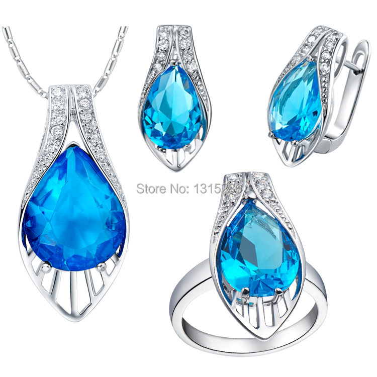 Blue Sapphire Gem Stone Ring Pendant Earrings Chain Necklace Noble Set