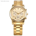 Taylor Cole Auto Date Stopwatch Function Golden Full Stainless Steel Strap Feminino Quartz Analog Women Watch