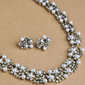 Luxurious Pearl Chokers Classic Antique Gold Plated Flower Necklace Earrings Set Vintage Women Jewelry Sets Trendy