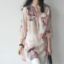 Fashion Women Long Blouses New Woman Casual 3/4 Long Sleeves Shirts Floral Print Cotton Linen Loose Thin Blouse Tops Plus Size