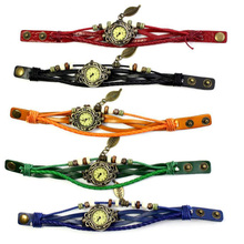 2016 New Fashion women wristwatches With Weave Wrap quartz watch PU Leather Leaf Beads Wrist watches