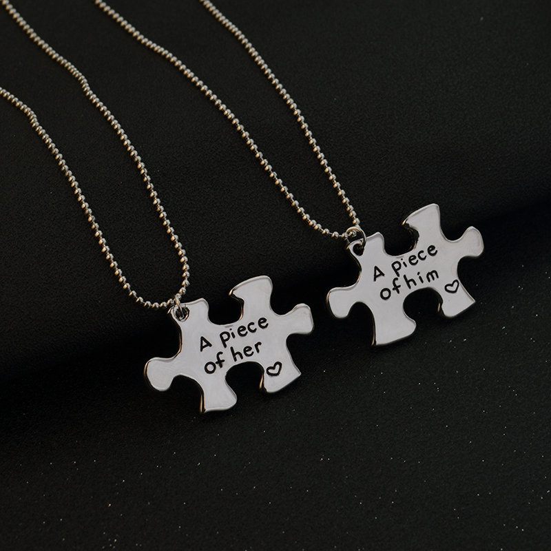 "A piece of her, A piece of him" Puzzle Couple Necklace Silver