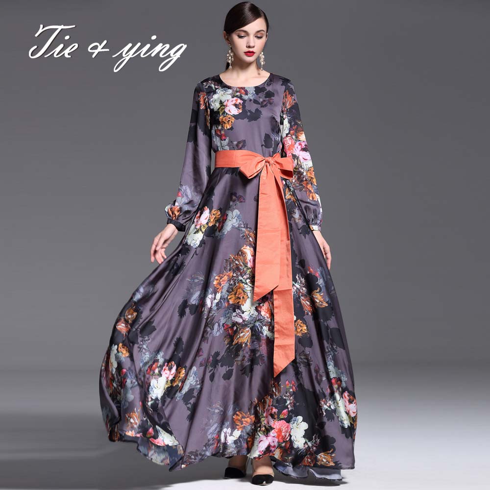 Women dress plus size long maxi 2015 autumn & winter new arrival buy-wedding-gowns-online print flowers runway party dresses