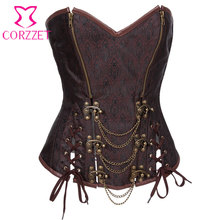 Brown Brocade Zipper & Buckle Chain Steampunk Corset Sexy Steel Boned Overbust Corsetto Waist Training Corsets Gothic Clothing