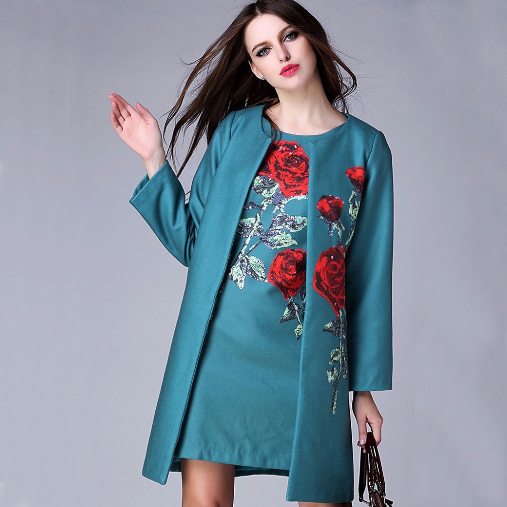 Casual Coat  2015 New Autumn - Winter Runway Coat  Wool & Cotton  Rose Print  Blue Famous Brand Coat