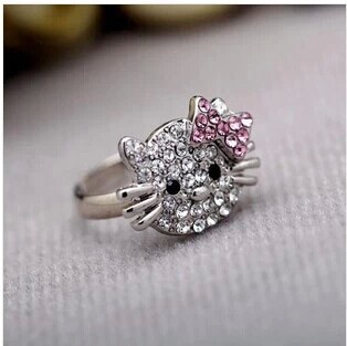 Fashion Silver plated Sweet lovely hello Kitty finger ring Vintage rhinestone crystal adjustable rings for women