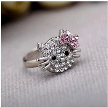 fashion delicate silver plated pink bow classic hello kitty finger ring adjustable high quality