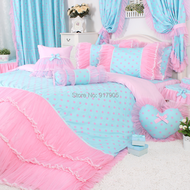 Beautiful Korean Ruffle Bedding Sets, Luxury Brand Pink Polka Dot Duvet Cover Bedding Set