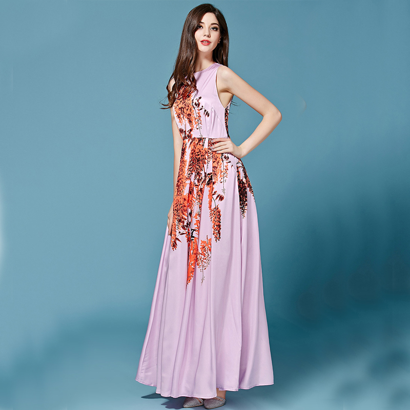 Elegant Dress 2016 Summer Women's High Quality Brand Fashion Runway Tree Branches Print Floor-Length Pink Sleeveless Long Dress