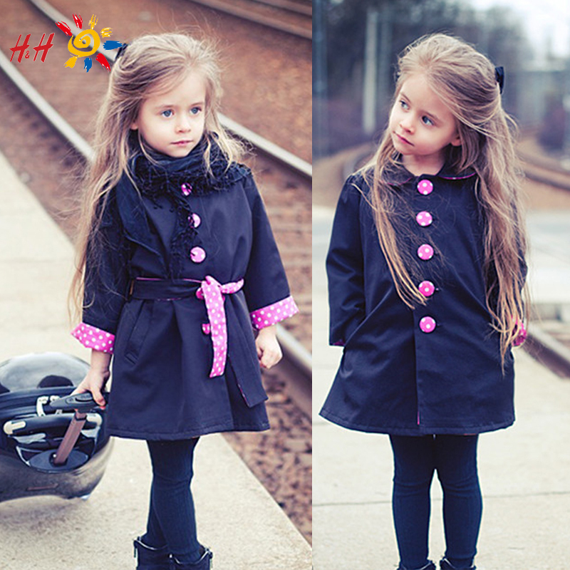 Autumn Winter New Kids Children Girl Fashion Cute Vogue Trench Bowknot Outwear Long Sleeve Button Polka